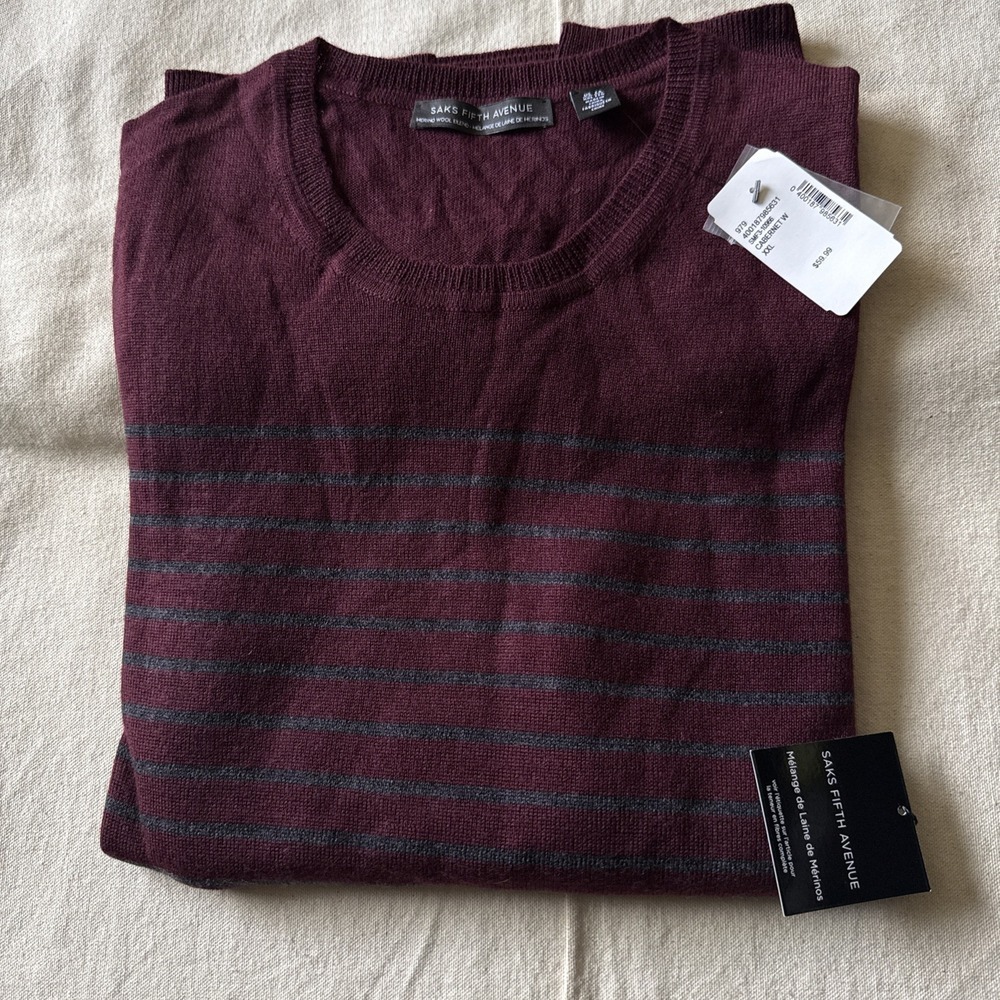 Saks Fifth Avenue Wool Silk Sweater Mens XXL Cabernet Striped - NWT